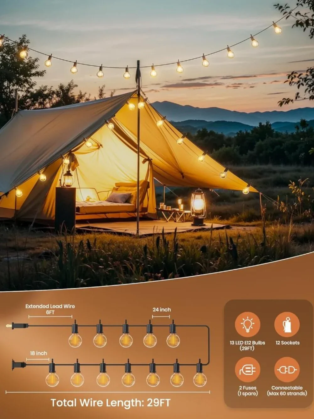 Dimmable 29ft Outdoor String Lights with 13 Bulbs - Perfect Patio & Party Decor